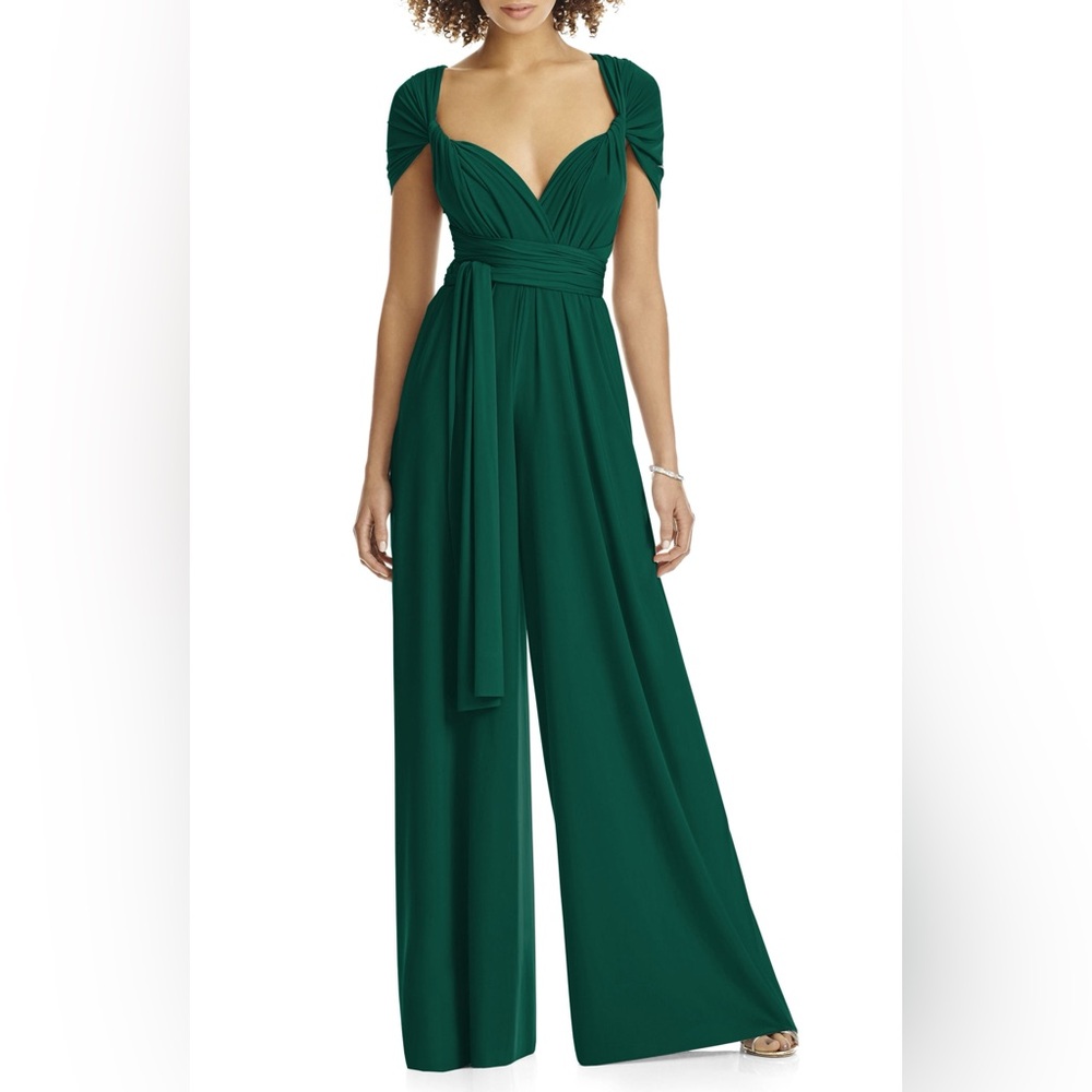 Convertible Deep Green Wrap-Front Wide-Leg Jumpsuit with Self-Tie Waist